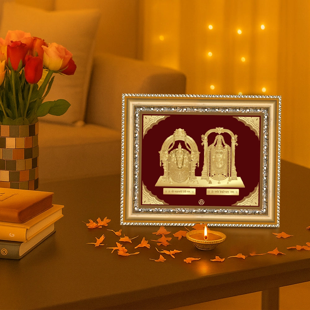 Padmavati with Tirupati Bablaji Gold on Gold Wall Hanging Frame displayed on wooden table 