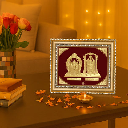 Padmavati with Tirupati Bablaji Gold on Gold Wall Hanging Frame displayed on wooden table 