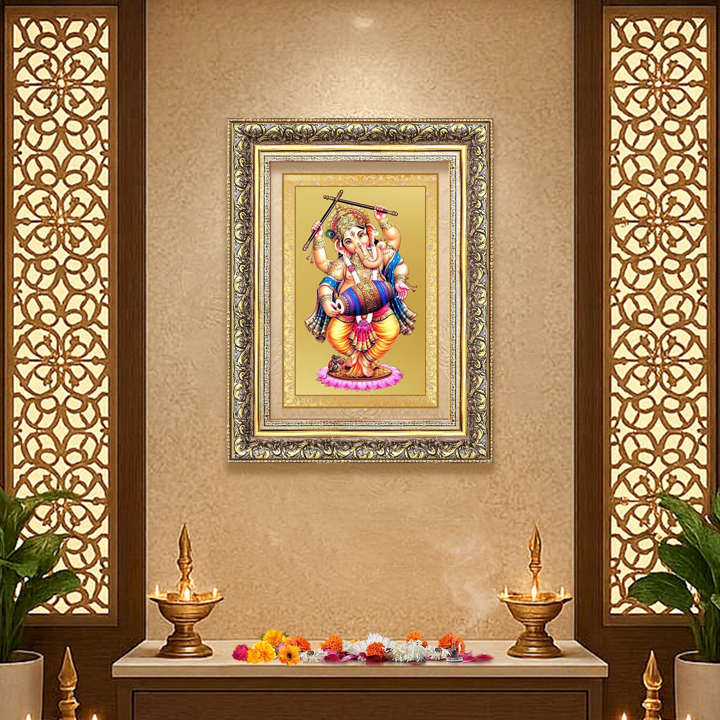Diviniti 24K Gold Plated Dancing Ganesha (Classic) Divine Wall Frame for Home Mandir & Office Decor | Luxury Spiritual Gift