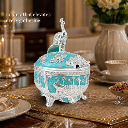 Diviniti German Silver Peacock Sugar Bowl with Spoon in turquoise blue finish on elegant dining table.