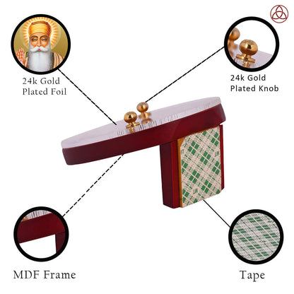 Guru Nanak Dev Ji Car Dashboard & Tabletop Photo Frame showcasing 24K gold plated foil and intricate MDF design.