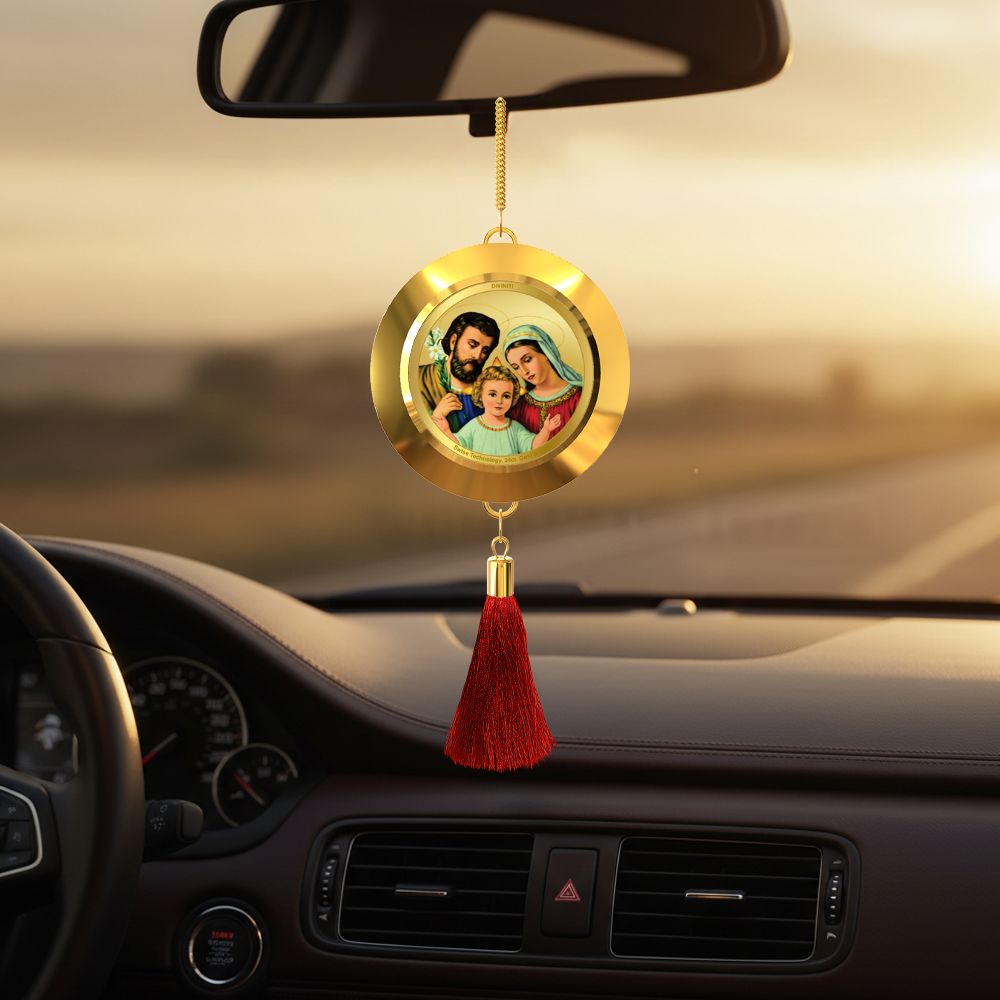 Diviniti 24K Gold Plated Double-Sided Holy Family & Holy Cross Car Dangler (5.5 cm) | Divine Hanging Car Decor for Protection, Positive Energy & Spiritual Blessings