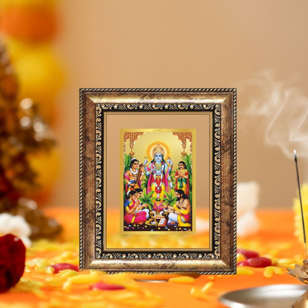 Diviniti 24K Gold Plated Satyanarayan Divine Table Top Frame for Home Mandir & Office Decor | Luxury Spiritual Gift