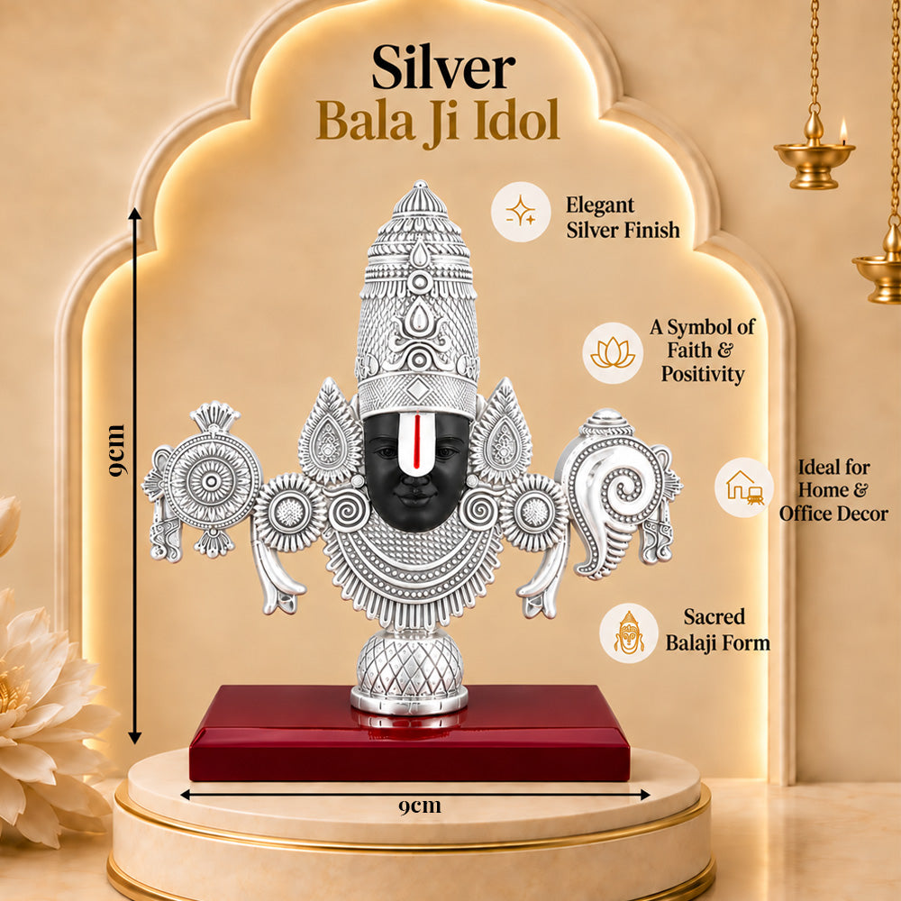999 Silver-Plated Lord Tirupati Balaji Idol | Premium Gift Box | 9x9 CM