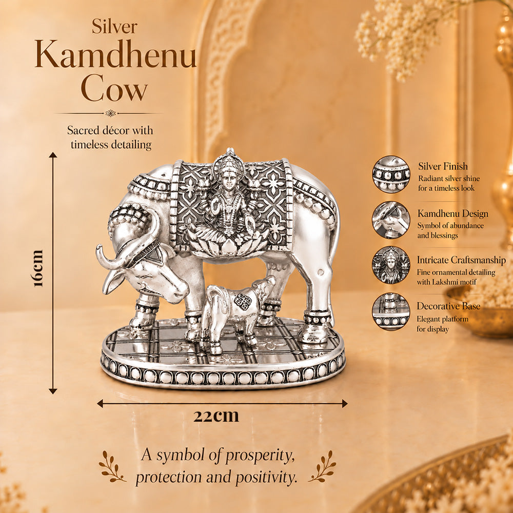 999 Silver-Plated Kamdhenu Cow Idol | Premium Gift Box | 16x22 CM