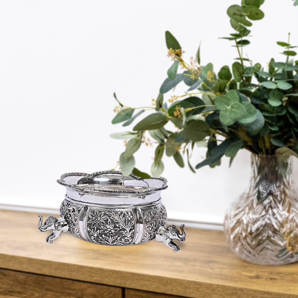 Pure Silver Handicraft Elephant Face Container (16x16x7 cm 566g)