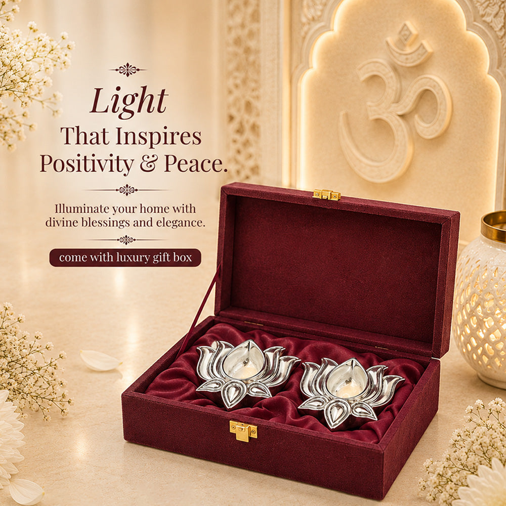 Diviniti 999 Silver Plated Lotus Diya Set of 2 with Luxury Gift Box | Antique Finish Home & Festive Décor