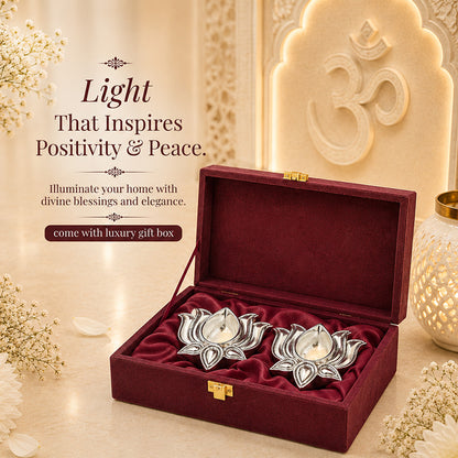 Diviniti 999 Silver Plated Lotus Diya Set of 2 with Luxury Gift Box | Antique Finish Home & Festive Décor