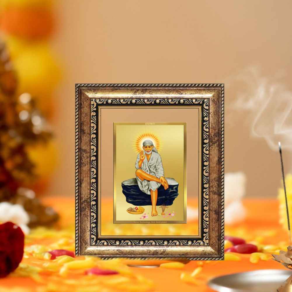 Diviniti 24K Gold Plated Sai Baba Divine Table Top Frame for Home Mandir & Office Decor | Luxury Spiritual Gift