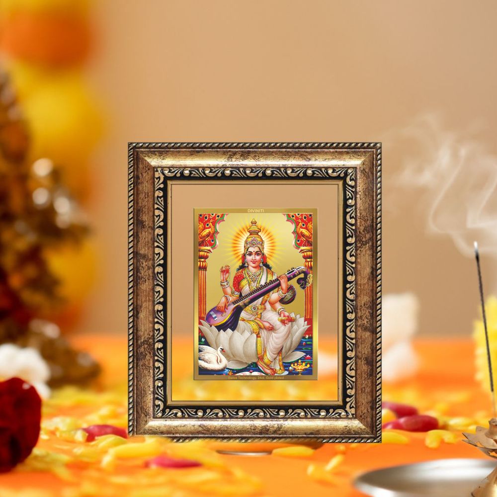 Diviniti 24K Gold Plated Saraswati Mata Divine Table Top Frame for Home Mandir & Office Decor | Luxury Spiritual Gift