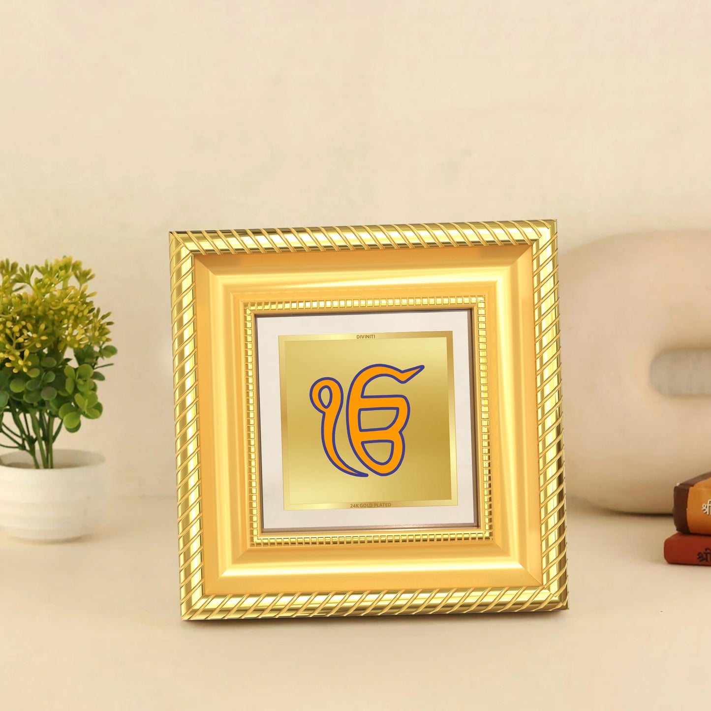 Diviniti Divine Ik Onkar Symbol Tabletop Photo Frame in 24K Gold Plated Foil | Eternal Oneness, Peace & Spiritual Blessings | DG015S1A (10x10 CM)