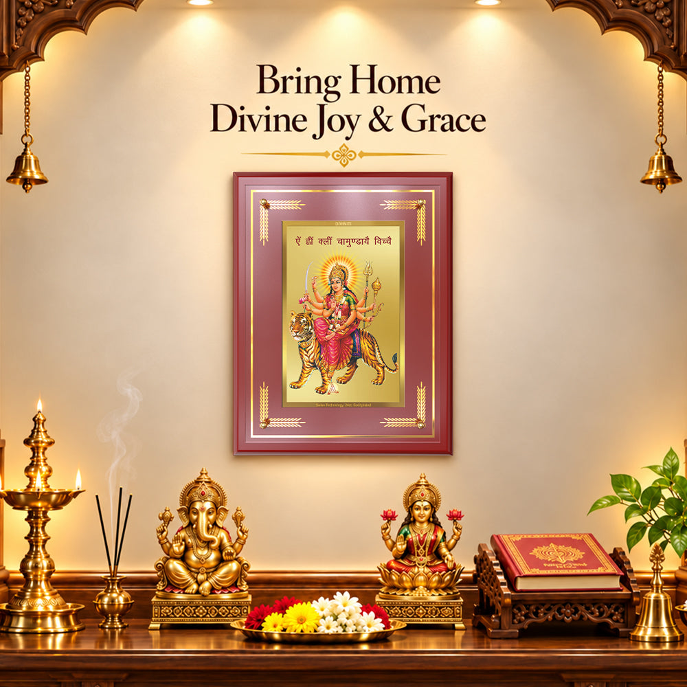24K Gold-Plated Goddess Durga Ji MDF Frame | Premium Gift Box | 27x35 CM