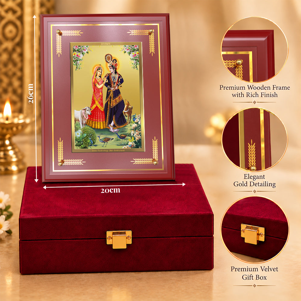 24K Gold-Plated Radha Krishna with Cow MDF Frame | Premium Gift Box | 26x20 CM