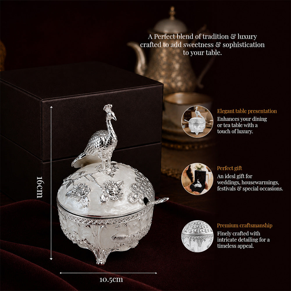 Diviniti Luxury Silver-Plated Peacock Sugar Bowl | Elegant White Lidded Serving Pot for Festive Gifting