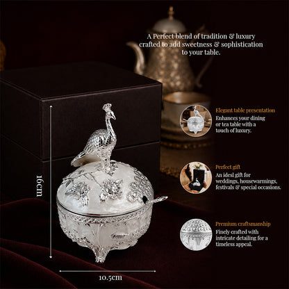 Diviniti Luxury Silver-Plated Peacock Sugar Bowl | Elegant White Lidded Serving Pot for Festive Gifting