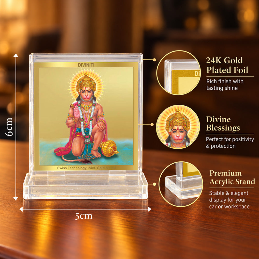 24K Gold-Plated Lord Hanuman Acrylic Car Dashboard Frame | 6x5 CM