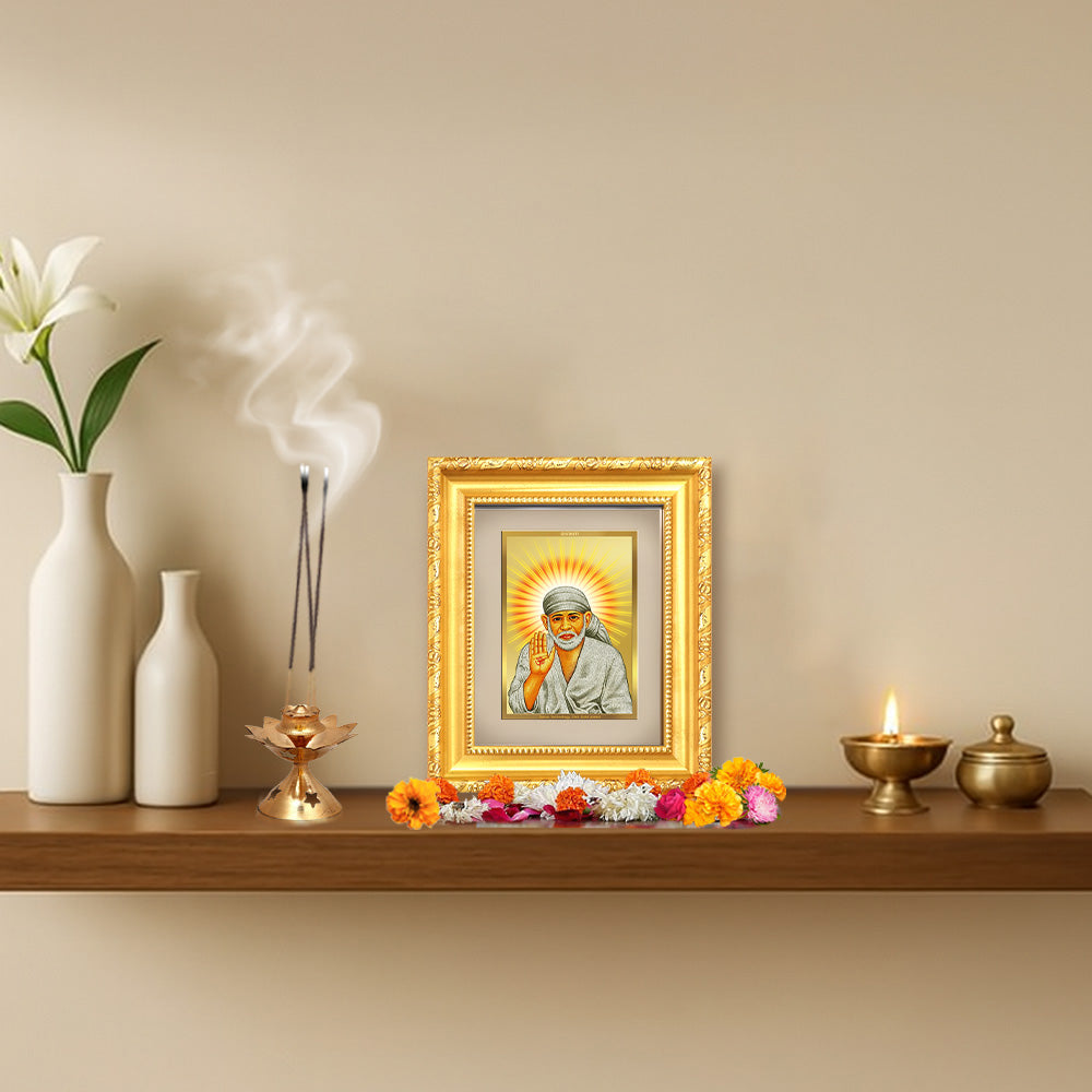 Diviniti 24K Gold Plated Sai Baba With Blessings |Divine Table Top Frame for Home Mandir & Office Decor | Luxury Spiritual Gift