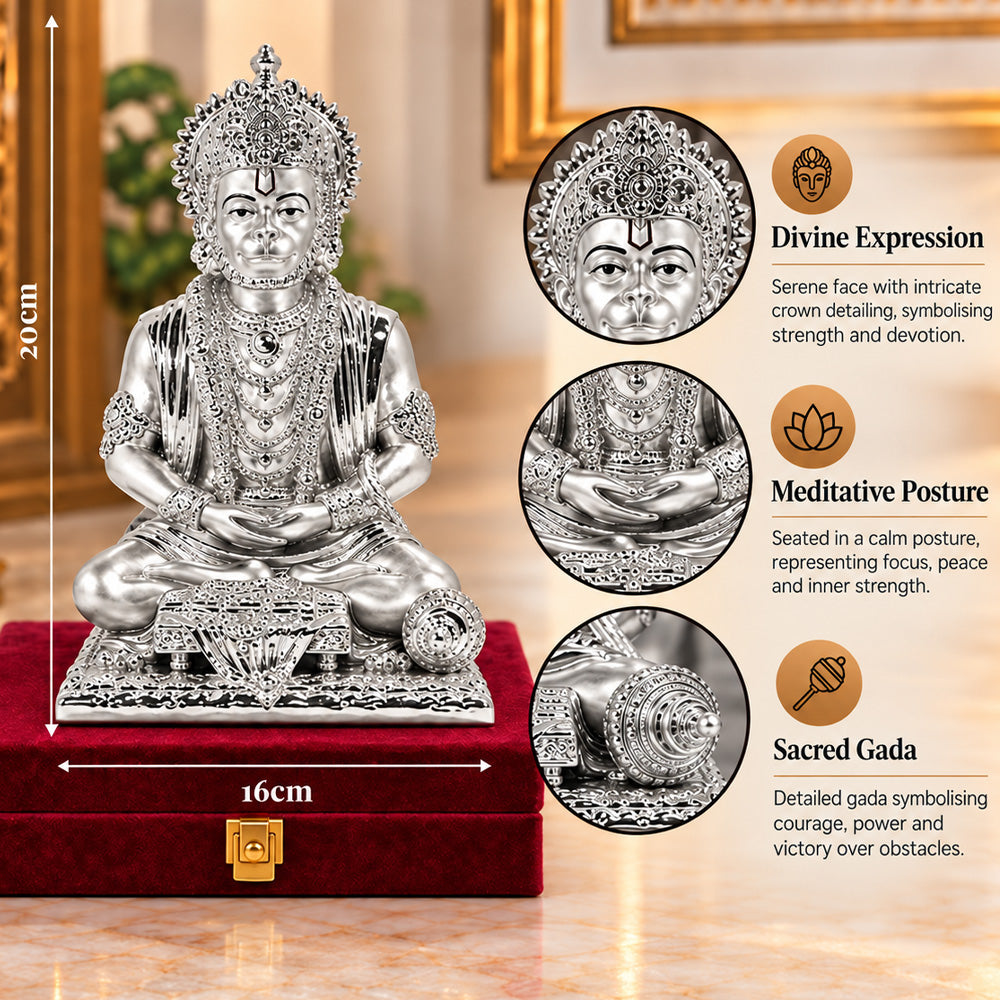 999 Silver-Plated Meditating Lord Hanuman Idol | Premium Gift Box | 20x16 CM