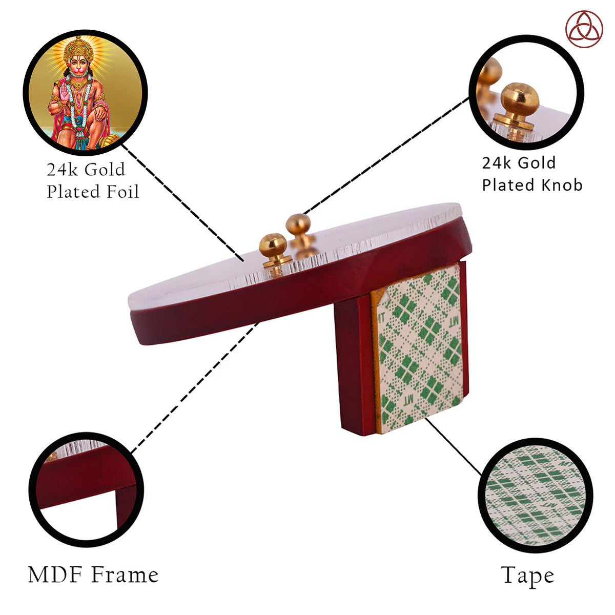 Hanuman Car Dashboard & Tabletop Photo Frame showcasing 24K gold plated foil and intricate MDF design.
