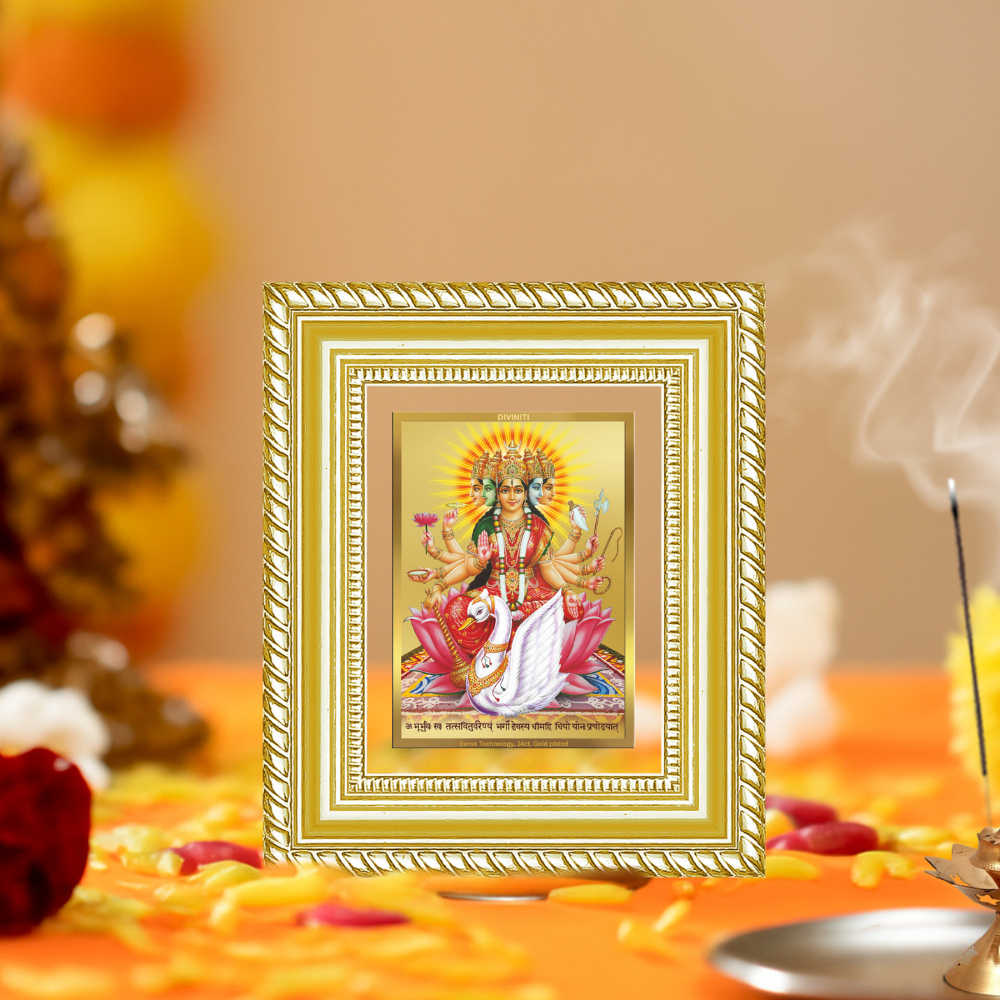 Diviniti 24K Gold Plated Gayatri Maa Divine Table Top Frame for Home Mandir & Office Decor | Luxury Spiritual Gift