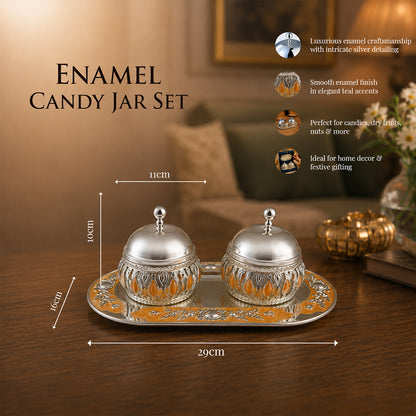 Diviniti Silver-Plated 2 Bowl Serving Set with Tray & Lids | Elegant Peach Enamel Dry Fruit & Mukhwas Bowls for Premium Gifting