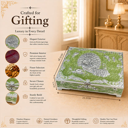 Diviniti German Silver Peacock Decorative Box 4-in-1 | Elegant Green Enamel Multipurpose Box with Luxury Gift Box