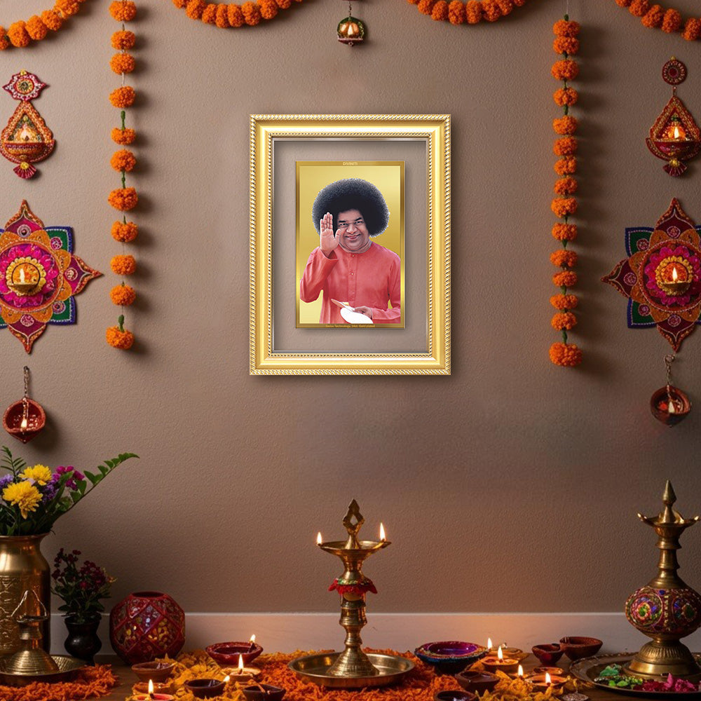 Diviniti 24K Gold Plated Satya Sai Baba (Classic) Divine Wall Frame for Home Mandir & Office Decor | Luxury Spiritual Gift