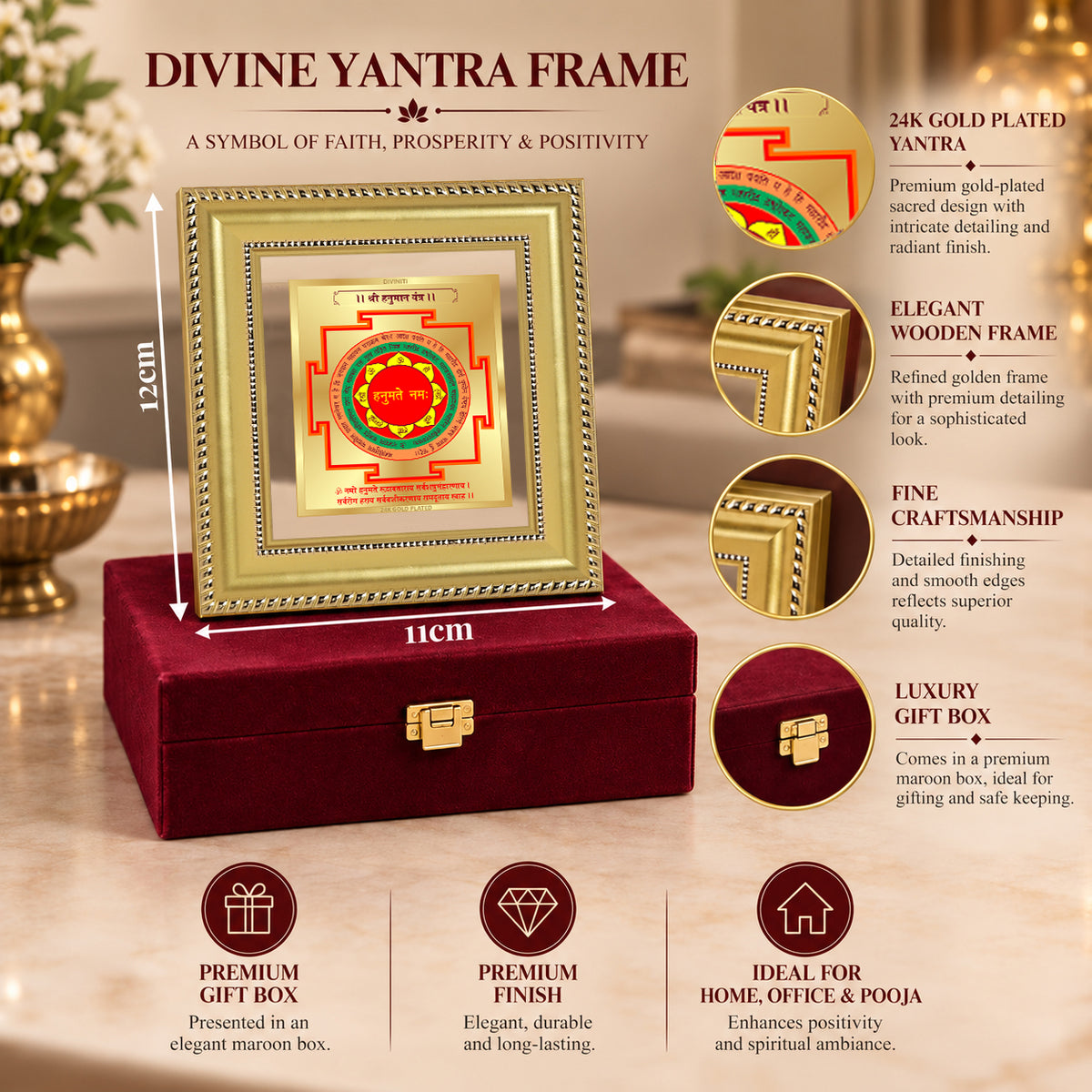24K Gold-Plated Panchmukhi Hanuman Yantra Frame | Premium Gift Box | 12x11 CM