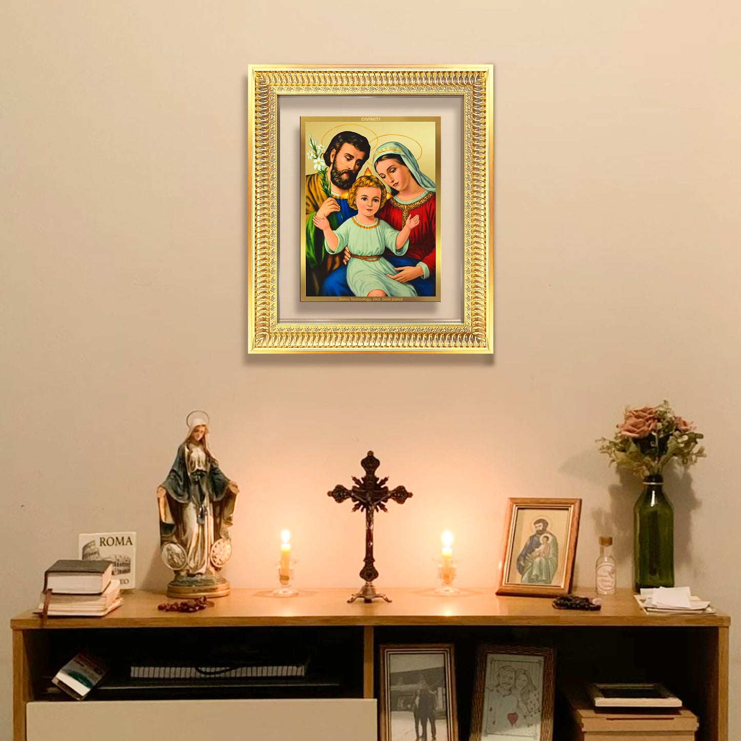 Diviniti 24K Gold Plated Holy Family (Classic) Divine Wall Frame for Home Mandir & Office Decor | Luxury Spiritual Gift