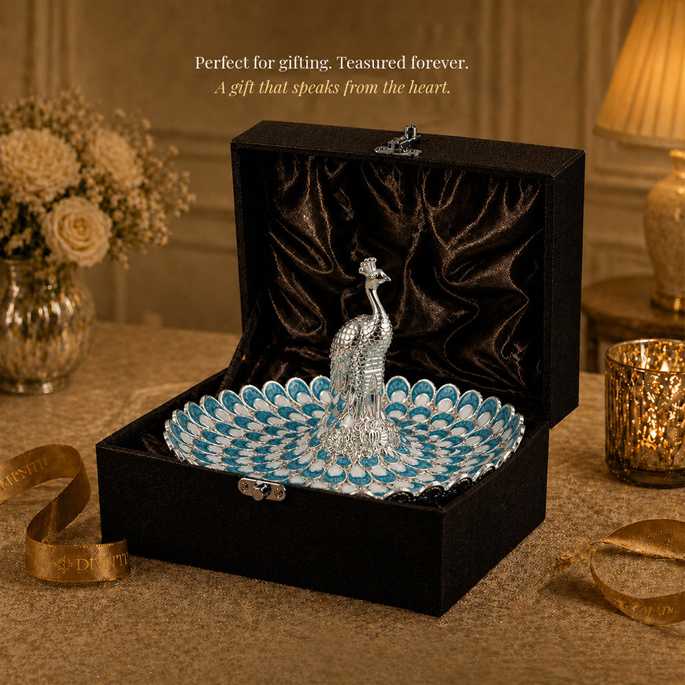 Diviniti Turquoise Blue Peacock German Silver Platter in gift box, perfect for gifting and luxury decor.