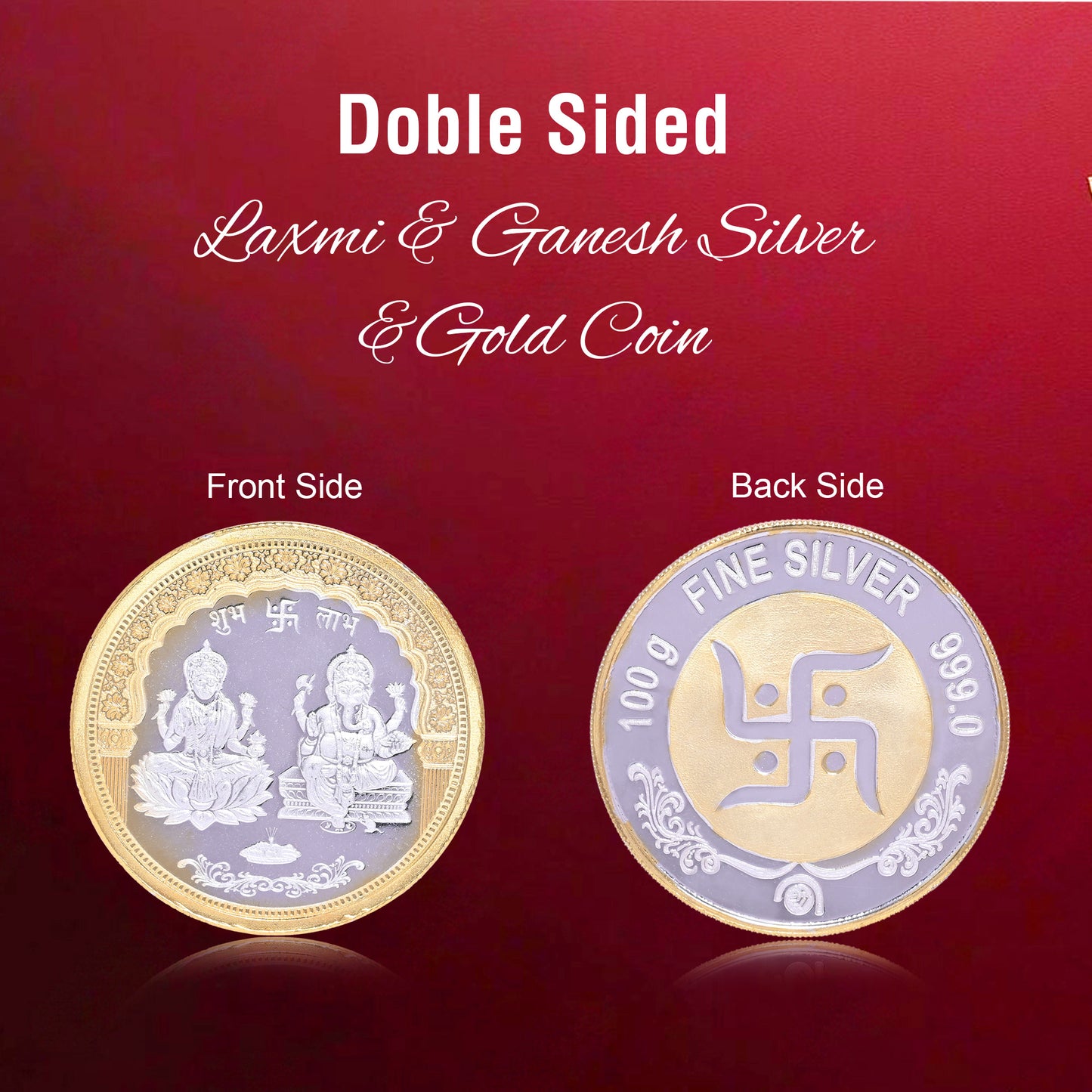 DIVINITI Pure Silver Coin with 24K Gold Plated Laxmi Ganesh and Swastik An Exquisite Emblem of Prosperity for Home & Office Décor, Puja Room Diwali Gift (100g)