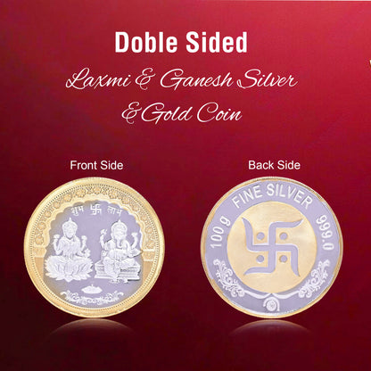 DIVINITI Pure Silver Coin with 24K Gold Plated Laxmi Ganesh and Swastik An Exquisite Emblem of Prosperity for Home & Office Décor, Puja Room Diwali Gift (100g)