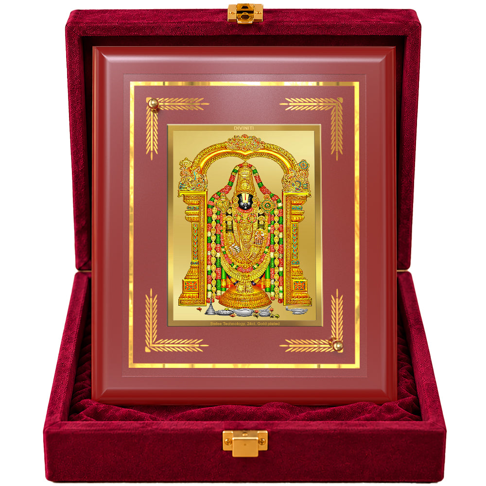 24K Gold-Plated Lord Tirupati Balaji MDF Frame | Premium Gift Box | 13.5x16 CM