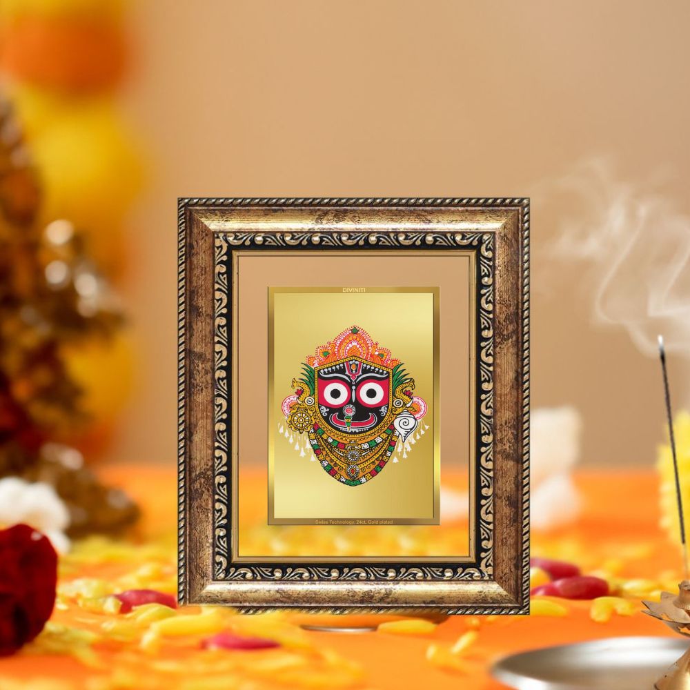 Diviniti 24K Gold Plated Jagannath Divine Table Top Frame for Home Mandir & Office Decor | Luxury Spiritual Gift