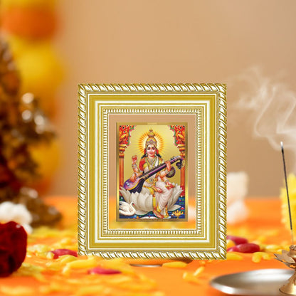 Diviniti 24K Gold Plated Saraswati Mata Divine Table Top Frame for Home Mandir & Office Decor | Luxury Spiritual Gift