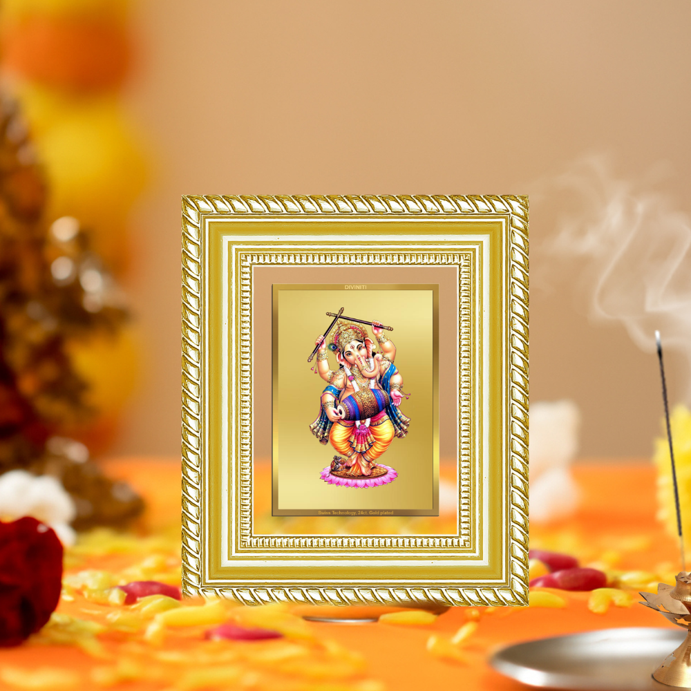 Diviniti 24K Gold Plated Dancing Ganesha Divine Table Top Frame for Home Mandir & Office Decor | Luxury Spiritual Gift
