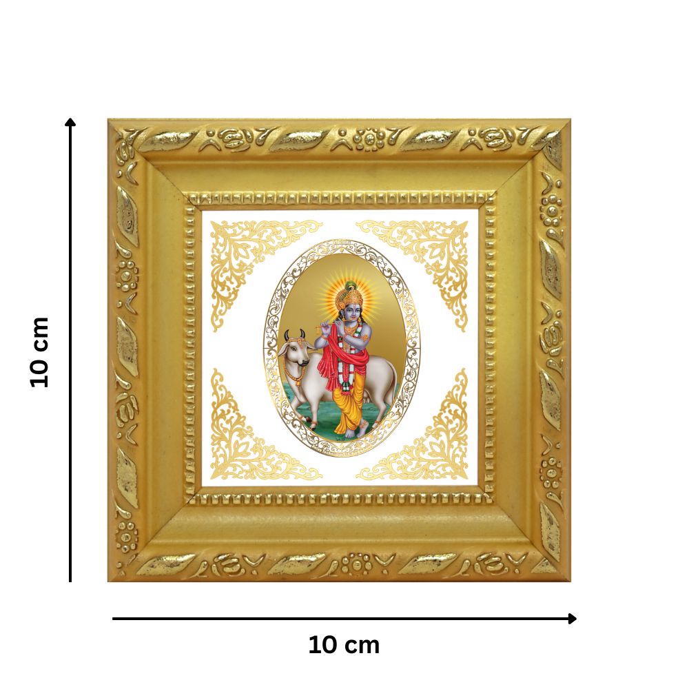 Krishna with Surbhi Cow | Divine Gopal Form Royal Tabletop Photo Frame in 24K Gold Plated Foil