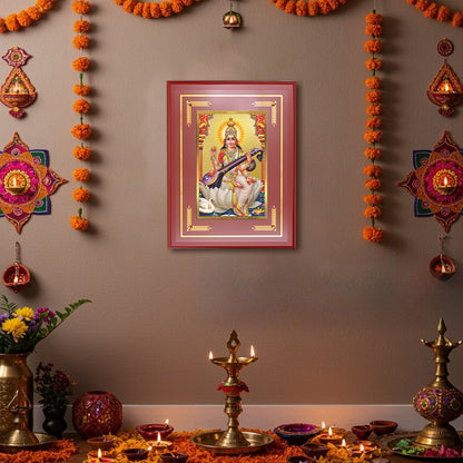 Diviniti Saraswati Mata Wall Photo Frame in 24K Gold Plated Foil | Wisdom, Knowledge & Divine Inspiration