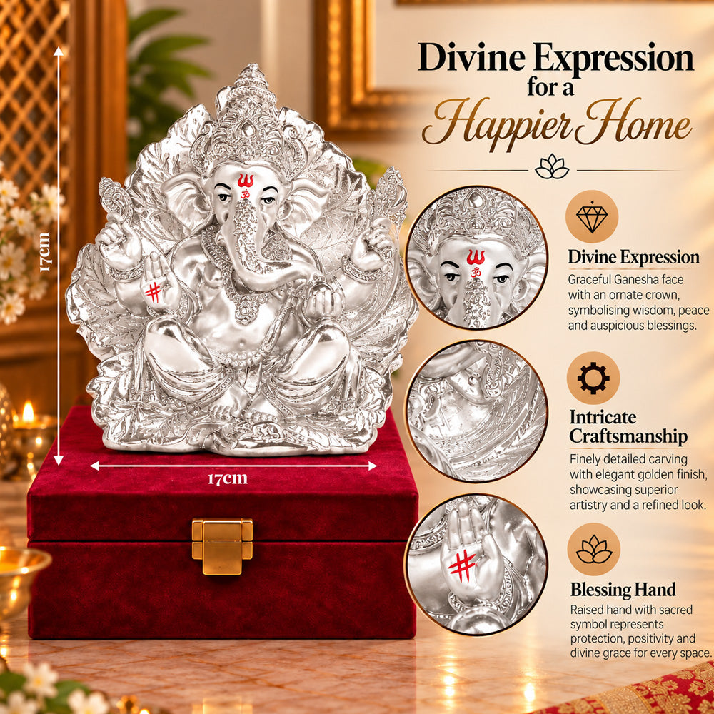 999 Silver-Plated Lord Ganesha Idol | Premium Gift Box | 17x17 CM