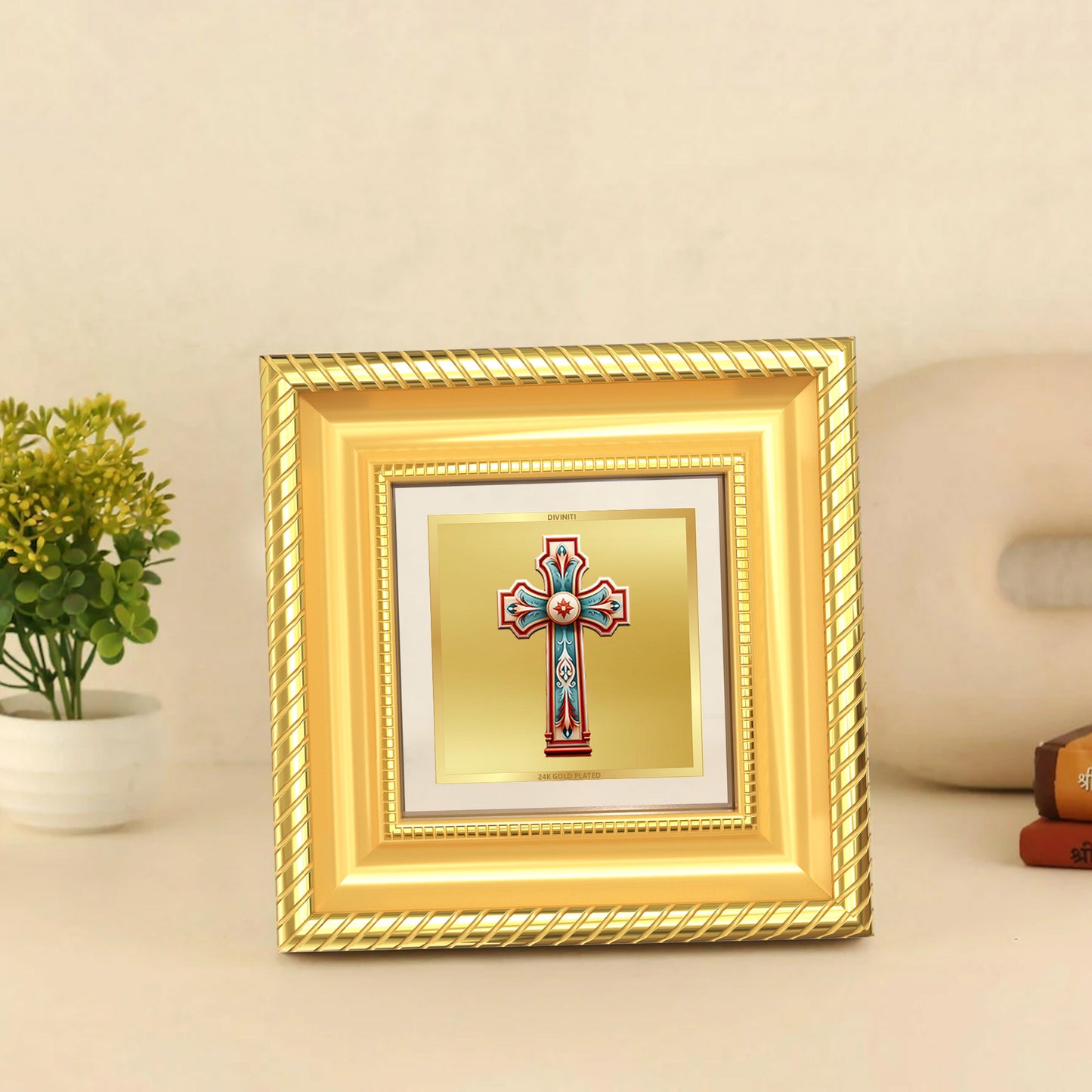 Diviniti Holy Cross Tabletop Photo Frame in 24K Gold Plated Foil | Faith, Hope & Divine Grace | DG015S1A (10x10 CM)