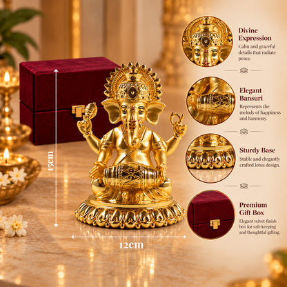 24K Gold-Plated Dholak Ganesha Idol | Premium Gift Box | 15x12 CM