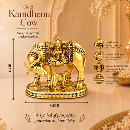 24K Gold-Plated Kamdhenu Cow Idol | Premium Gift Box | 11x9 CM