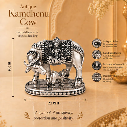 999 Silver-Plated Antique Kamdhenu Cow Idol | Premium Gift Box | 16x22 CM