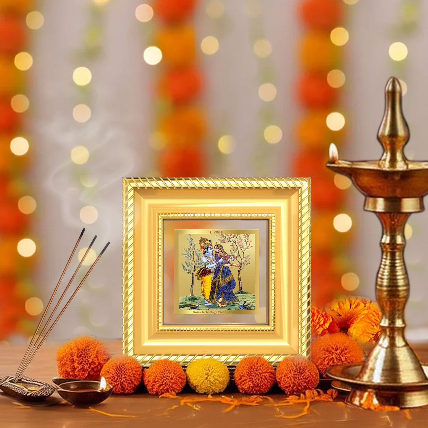 Diviniti Radha Krishna Tabletop Photo Frame in 24K Gold Plated Foil | Love, Devotion & Divine Harmony | DG015S1A (10x10 CM)