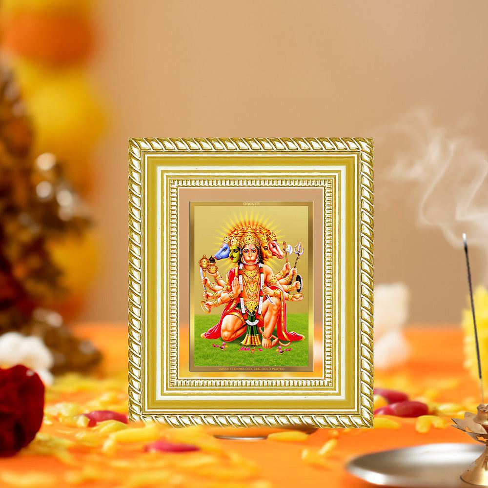 Diviniti 24K Gold Plated Panchmukhi Hanuman Divine Table Top Frame for Home Mandir & Office Decor | Luxury Spiritual Gift