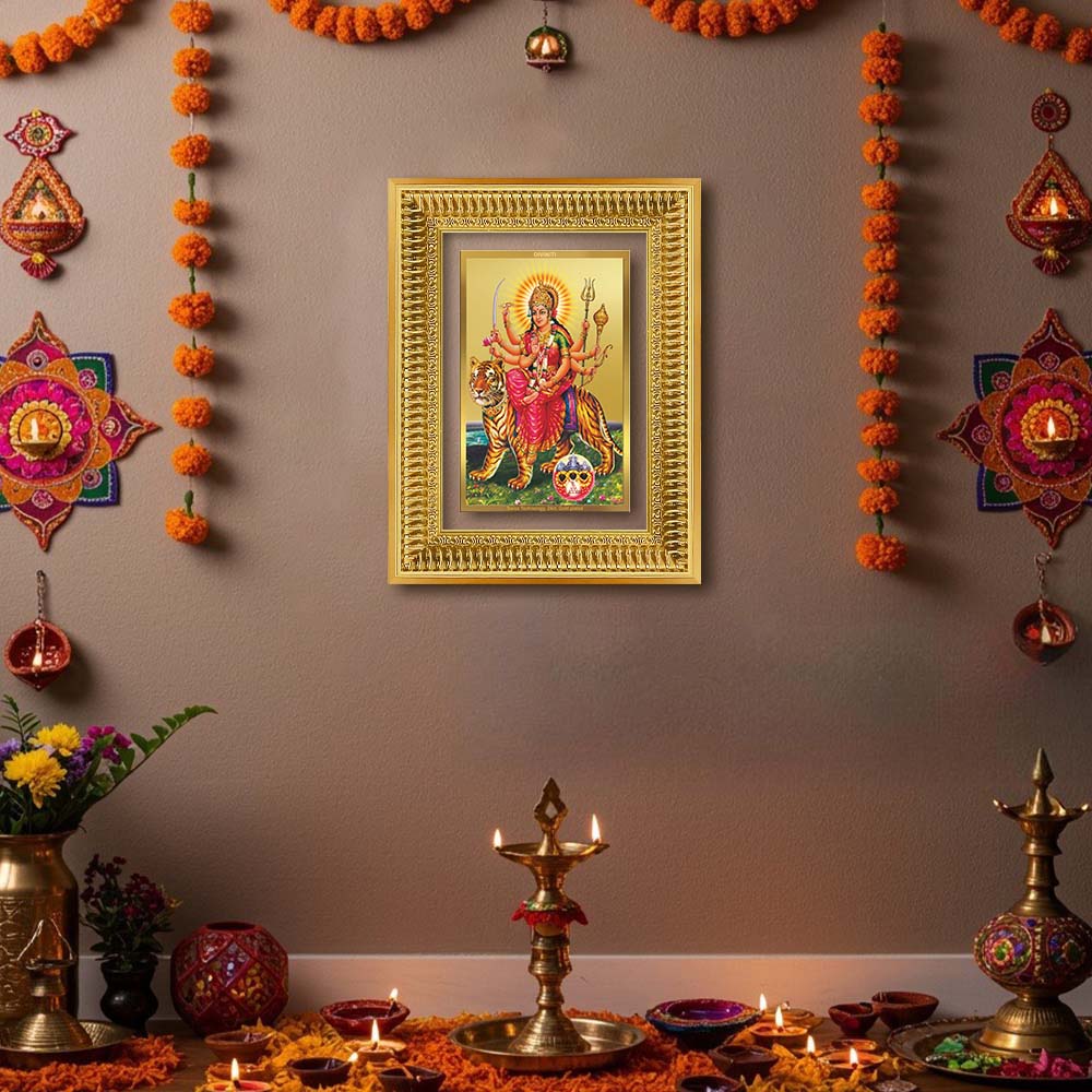 Diviniti 24K Gold Plated Durga - Sherawali Mata With Pind (Classic) Divine Wall Frame for Home Mandir & Office Decor | Luxury Spiritual Gift