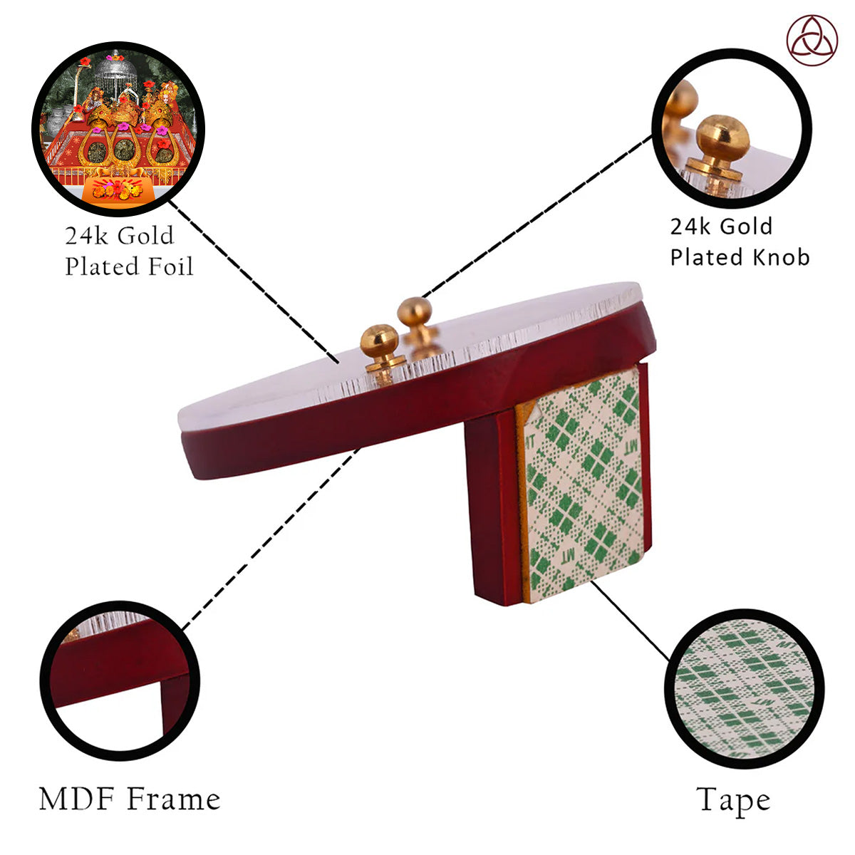 Mata Ka Darbar Car Dashboard & Tabletop Photo Frame showcasing 24K gold plated foil and intricate MDF design.