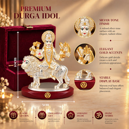 DIVINITI 999 Silver-Plated Sherawali Mata Idol | Car & Home Decor | Gift Box | 10x5 CM