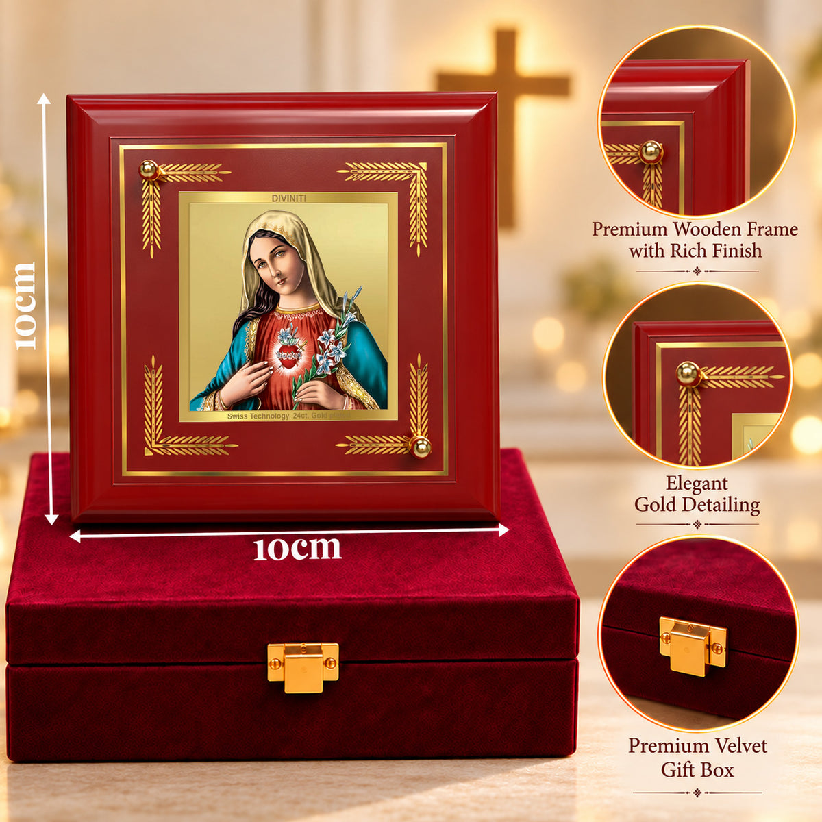 24K Gold-Plated Mother Mary MDF Frame | Premium Gift Box | 10x10 CM
