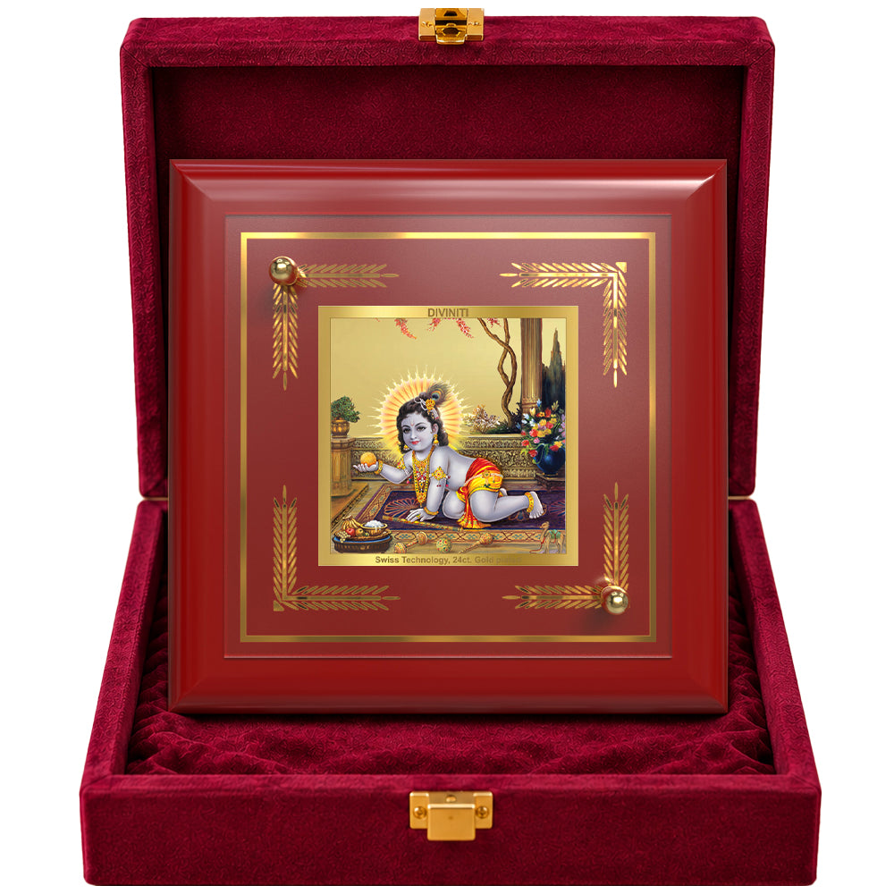 24K Gold-Plated Laddu Gopal MDF Frame | Premium Gift Box | 10x10 CM